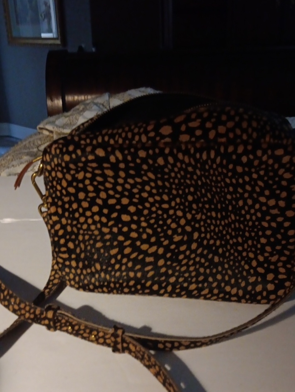 Madewell Leopard-Spot Crossbody Bag in Black and Tan Worn. Couple Spots Interior
